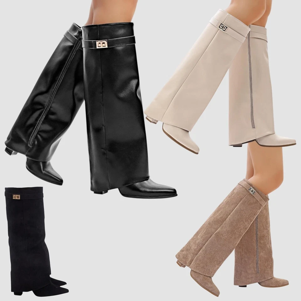 MISS IMAGE UK WOMENS LADIES KNEE HIGH BLOCK HEEL FOLD OVER SHARK CLASSIC BUCKLE LOCK ZIP BOOTS