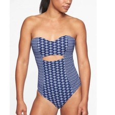 Athleta Tangier Blue White Geo Print Strapless Cutout One Piece Swimsuit Size M