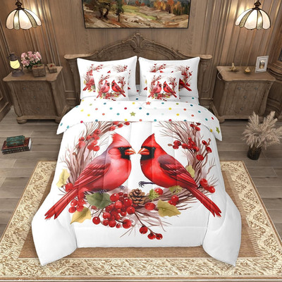Red Cardinals Bedding Set 7 Pieces Queen Size Kids Pine Cones