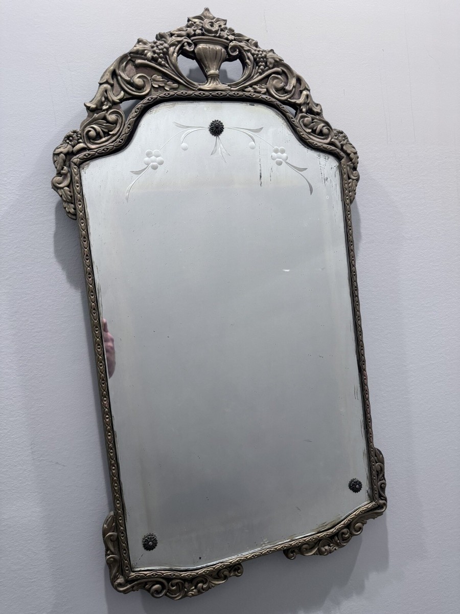 Antique Italianate Mirror Art Nuveau Arched Etched Glass Gilt Wall