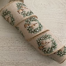 5 YARDS CHRISTMAS WREATHS  BELLS WIRED EDGE RIBBON,  2 1/2" Wide