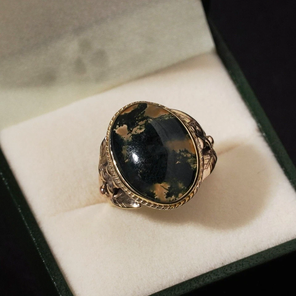 Anillo de sello ovalado de ágata musgo artesanal vintage hoja de flor de oro de 9 quilates talla Q 8 Foto 4 de 4
