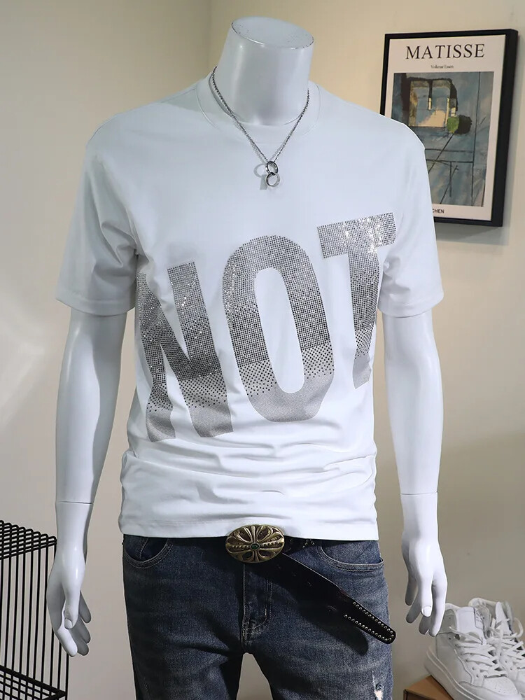 New Men Luxury Rhinestones Fashion Diamonds Black White T-Shirt High Quality