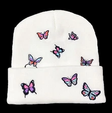 Embroidered BUTTERFLIES Soft Knit White Beanie Cap / Hat, Unisex Adult