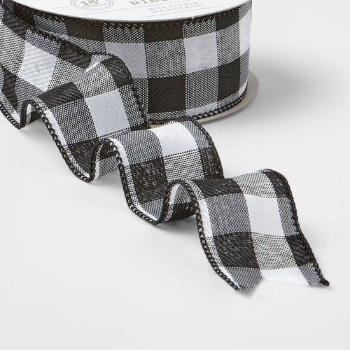 1.5" Buffalo Plaid Fabric Ribbon Black/White 15ft Checkered - Wondershop - Picture 2 of 3