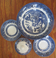 Churchill Blue Willow 5 Pc Set 9" Bowl Two  2 6" Saucers  4" Sugar Bowl w/ Lid