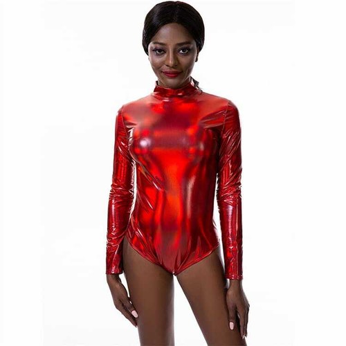 Hologram Red Metallic Spandex Long Sleeve High Neck Bodysuit Leotard Size  10-12 | eBay