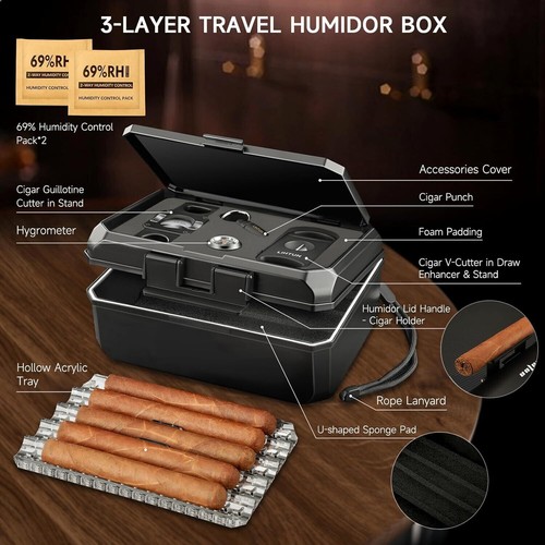 Travel Humidor Box and Cigar Accessories Set, Portable Cigar Humidor Case with 2 - Picture 2 of 7