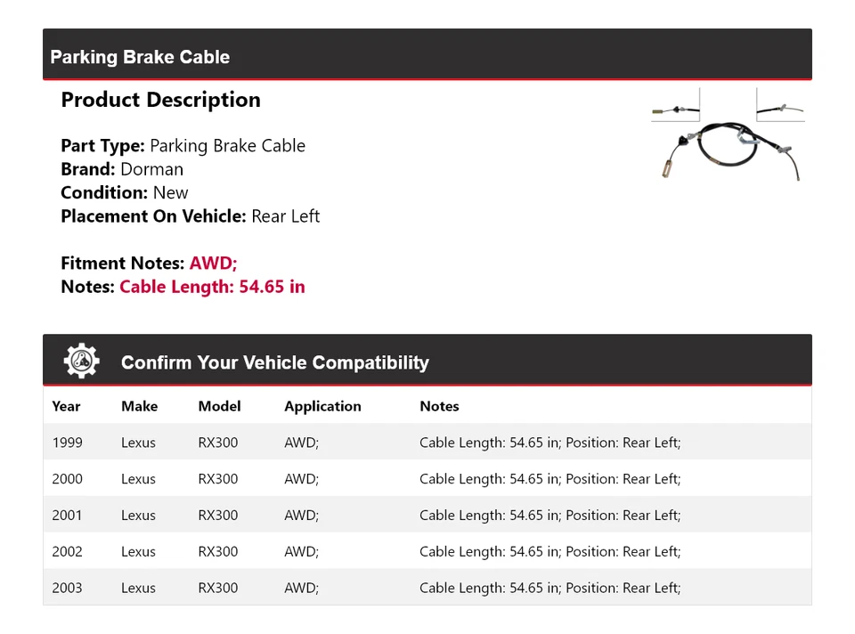Cable de freno de estacionamiento trasero izquierdo para Lexus RX300 1999-2003 AWD Dorman 2000 2001 Foto 2 de 3