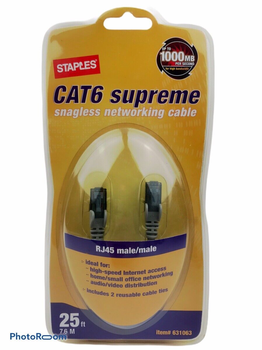 NIB Staples Cat6 Supreme 25ft Snagless Networking Cable RJ45 Male/Male Connector
