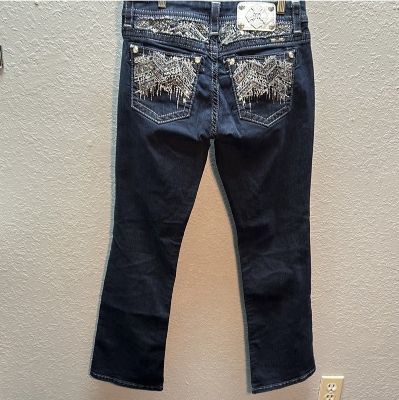 Miss Me Easy Bootcut Mid Rise Dark Blue Jeans Embellished Pockets Sz 29 X 27