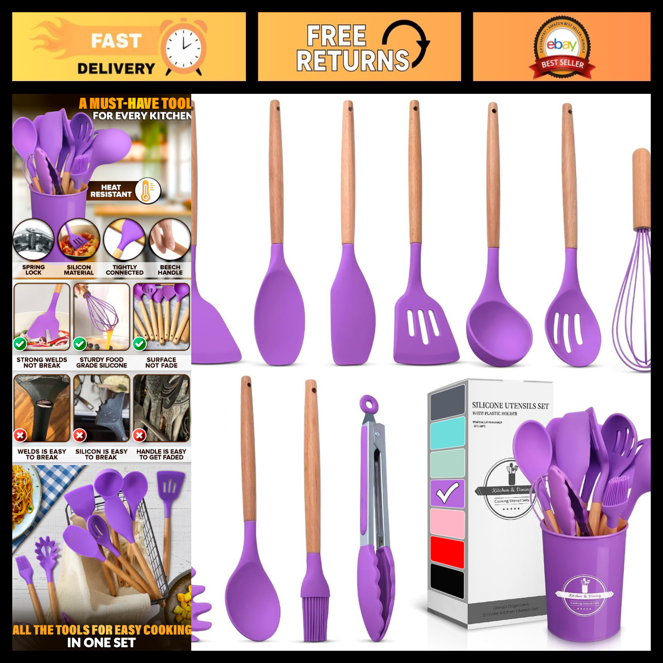 12 Pcs Purple Kitchen Utensil Set with Holder, Silicone Cooking Tools & Accessor