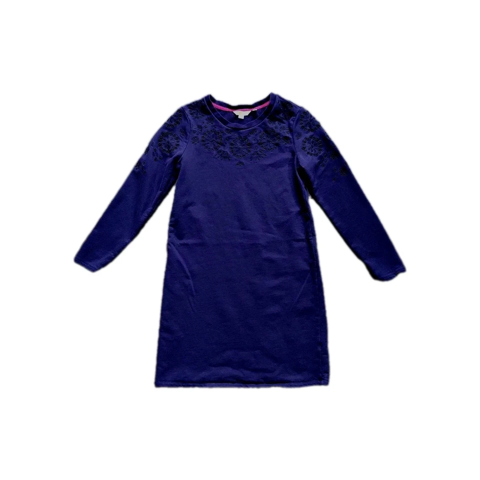 Boden Long Sleeve Sweatshirt Dress Womens Size 6 Navy Embroidered Eyelet Warm  - Image 3 of 4