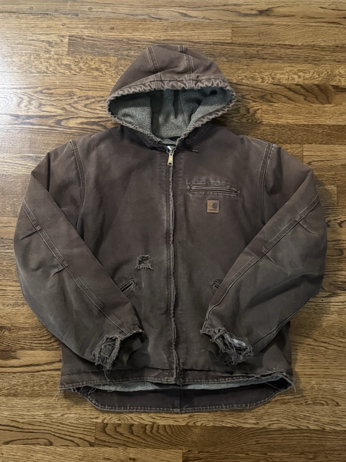 Vintage Carhartt Brown Duck Hooded Work Jacket – Sherpa Lined – XL