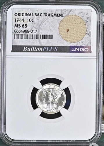 1944 Philadelphia Mint Mercury 10C Original Bag Fragment NGC MS 65