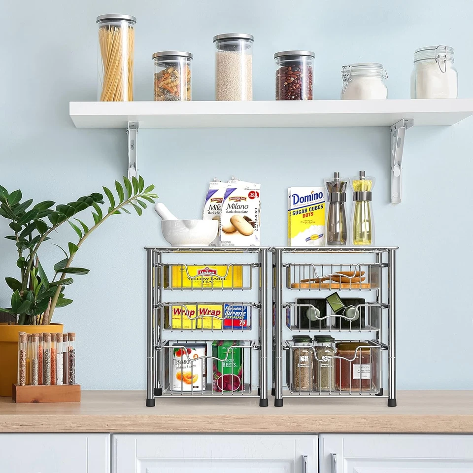 Cajón organizador de cesta deslizante apilable de 3 niveles, cromado Foto 2 de 4