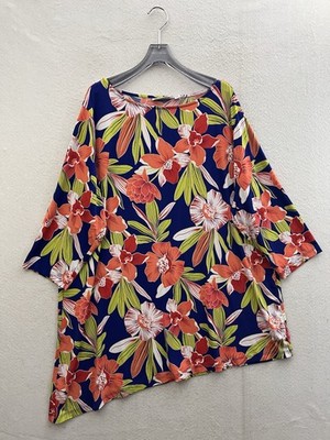 Susan Graver Top Women s 2X Liquid Knit Asymmetrical Hem Tropical Flowy Hawaii