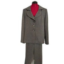 Suit Studio Pantsuit Women Size 16 Grey Herringbone 2-Piece Set Pants & Blazer