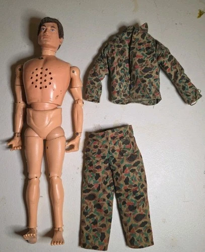 Unworking 1964 Talking GI JOE BROWN FLOCKED HAIR And Camo Outfit As Is