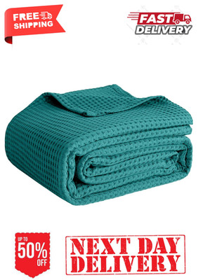 100% Cotton Waffle Weave Blanket Lightweight Soft Teal Throw 50 x 60
