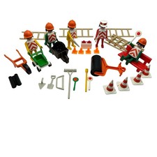 Vintage Playmobil Road Construction Crew Lot   6 Figures, Tools, Cones, Wheelbar
