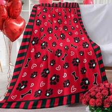 Red Flannel Throw Blanket Dog Paw Prints Bones Hearts Buffalo Plaid Border Cozy