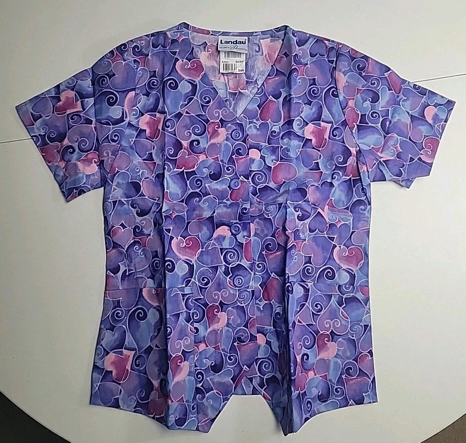 Landau Scrub Top Size Small Button Up Hearts NWT - Image 3 of 4