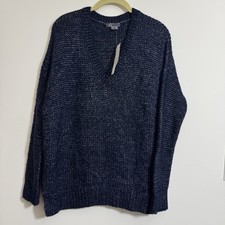Vince Metallic Wool Silk V-Neck Pullover Sweater Size M Blue Side Slits New