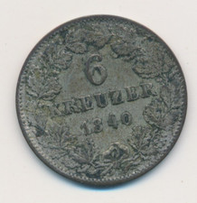 1840 GERMAN STATES BADEN 6 KREUZER SILVER COIN