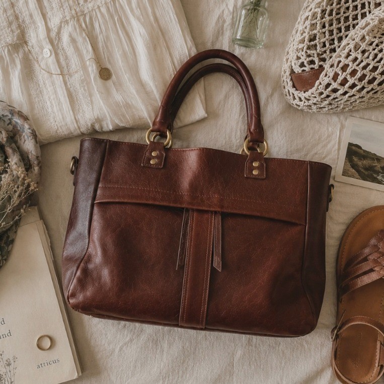 Large brown cherry leather satchel tote bag