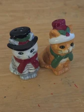 Whimsical Orange and Gray Christmas Cat Salt and Pepper Shakers