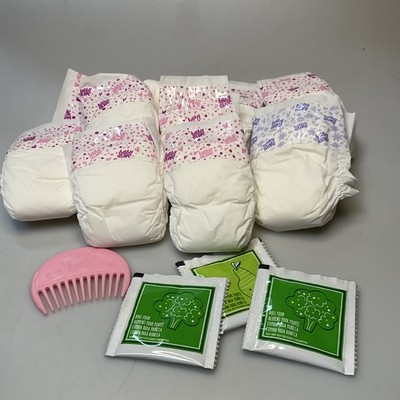 Baby Alive Doll Diapers, Comb, Doll Food Lot, 10 Pieces, White Pink Green