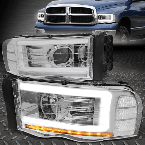 [LED DRL]FOR 02-05 DODGE RAM CHROME SEQUENTIAL TURN SIGNAL PROJECTOR HEADLIGHTS - Picture 1 of 10
