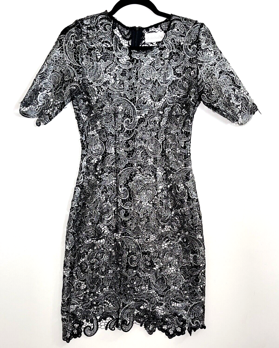 Shakuhachi Dress Womens Extra Small Black Silver Embroidered Lace