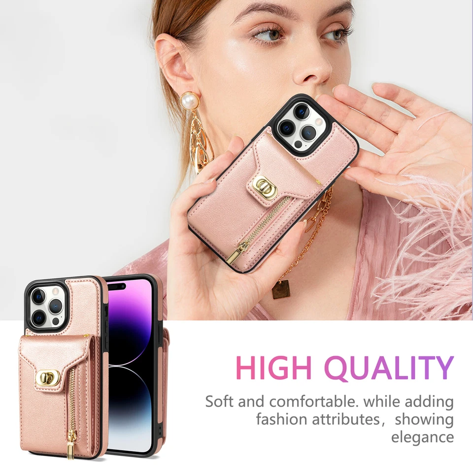 Bandolera de cuero tipo billetera para tarjetas Funda para iPhone 15 16 Pro Max 14 13 12 XS XR 8 Foto 3 de 4