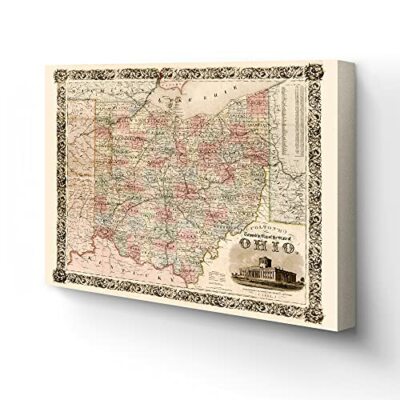 1851 Ohio Map Canvas Art - Canvas Wrap Vintage Ohio State Wall Art Poster Print