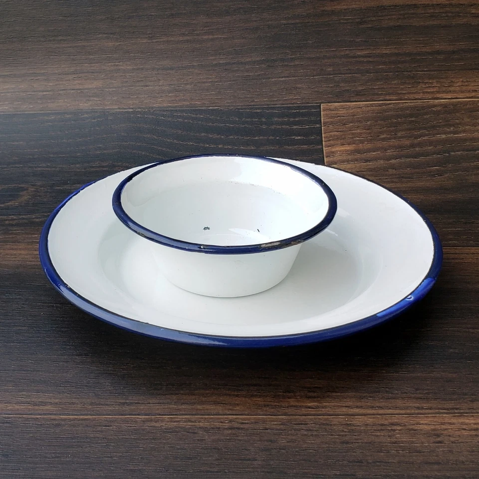 Collectible Set of Porcelain Enamel Bowl and Plate Vintage style Enamel Cookware - Image 2 of 4