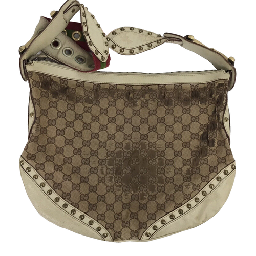 GUCCI Pelham Web Hobo Studded Brown Canvas Ivory Leather EXTREMELY DISTRESSED - Picture 2 of 21