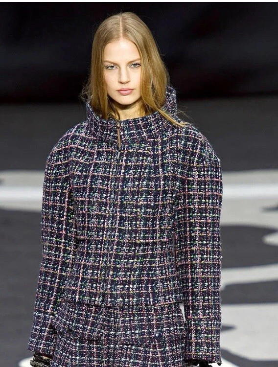 Giacca blazer Chanel 13K Runway blu navy multicolore tweed collo alto taglia 14 (46)