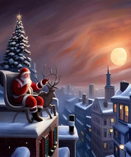 Christmas Tree Tree Santa Claus Resting on the Roof Poster Repro FREE S/H in Usa