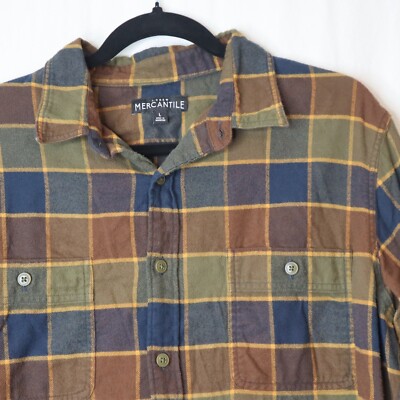 J Crew Mercantile Flannel Shirt Mens Large Check Plaid Tartan Olive Navy Earth