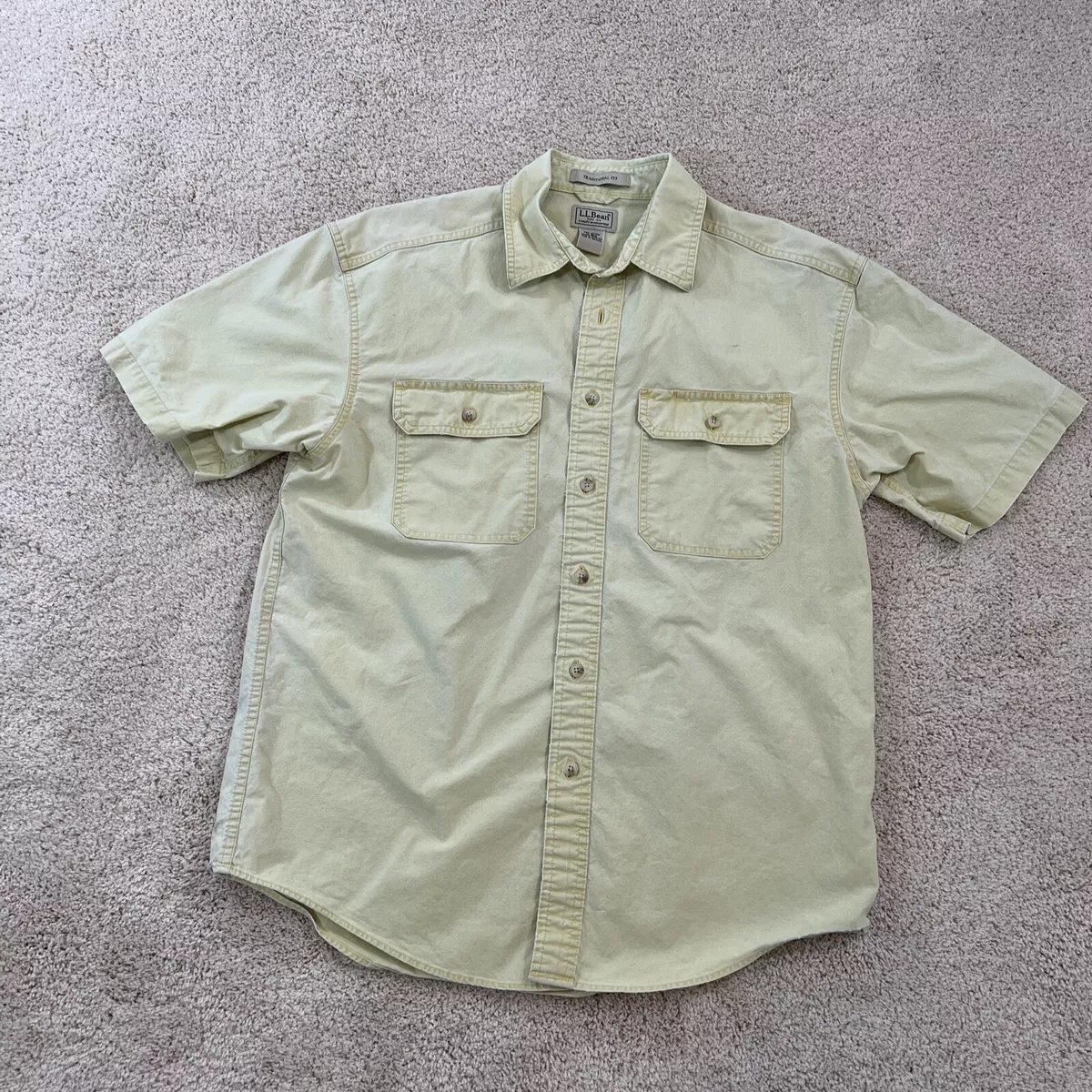 L.L. Bean Mens Button Down Shirt Long Sleeve Denim Light Yellow Green Size M REG