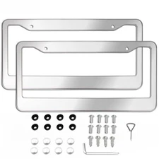 2PCS Chrome Stainless Steel Metal License Plate Frame Tag Cover With Screw Caps☆
