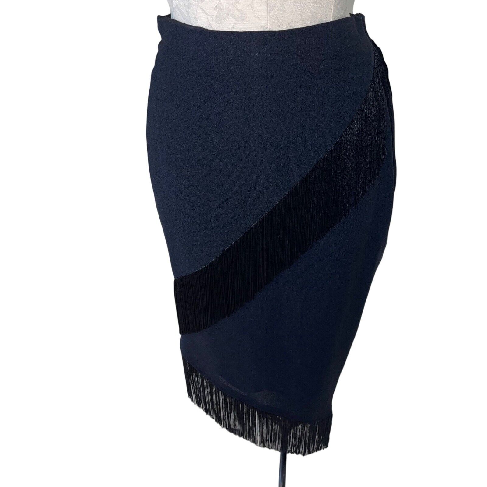 Criscione New York Vintage Midi Skirt Size XS Black Fringe Diagonal Hemline