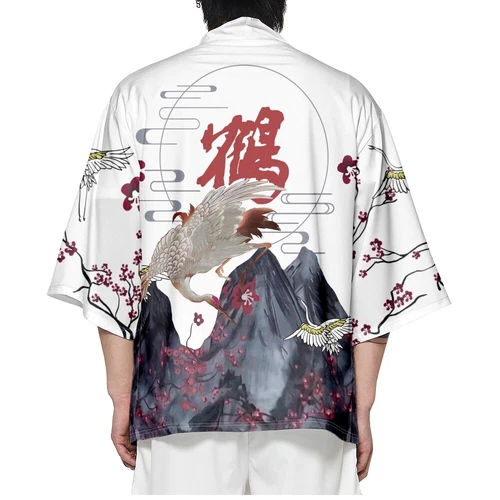 Men Japanese Kimono Outwear Loose Yukata Bathrobe Cardigan Crane Print Top - Bild 4 von 12