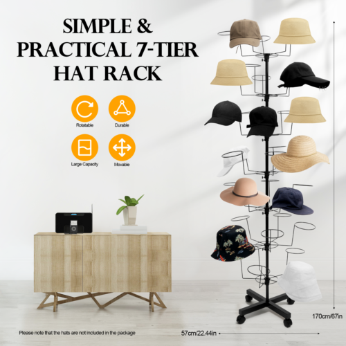 Rotating Hat Display Rack Free Standing Metal Floor Caps Headwear Stand 7 Tiers