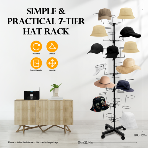 7-Tier Metal Hat Cap Display Stand Hanger Rack Rotating Adjustable 35 Hats NEW - Afbeelding 1 van 21