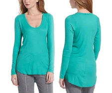 Anthropologie Basic Ribbed Tee XSmall 0 2 Green Top High Low Hem Left Coast USA 