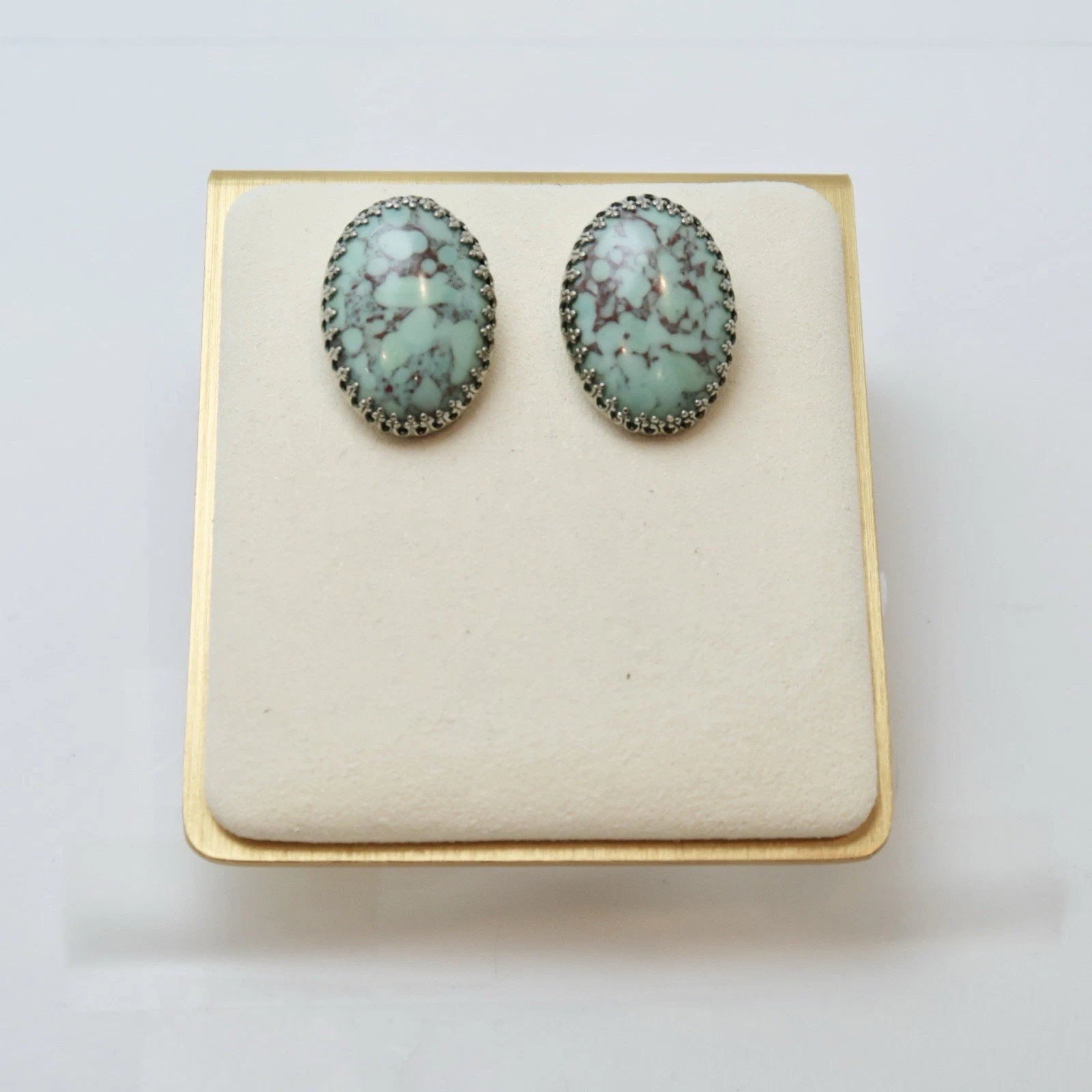 Oval Faux Turquoise Stone Silver Tone Vintage Clip On Earring Jewelry E33