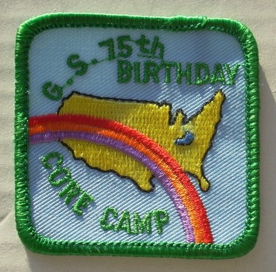 VINTAGE GIRL SCOUT PATCH~ GS 75th Birthday Core Camp~ rainbow over United State